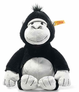 Steiff 069116 Original Plüschtier Bongy Gorilla, Soft Cuddly Friends Kuscheltier ca. 30 cm, Markenplüsch mit Knopf im Ohr, Schmusefreund für Babys von Geburt an, schwarz-hellgrau - 1