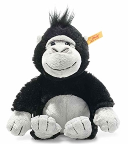 Steiff 069130 Original Plüschtier Bongy Gorilla, Soft Cuddly Friends Kuscheltier ca. 20 cm, Markenplüsch mit Knopf im Ohr, Schmusefreund für Babys von Geburt an, schwarz-hellgrau - 1