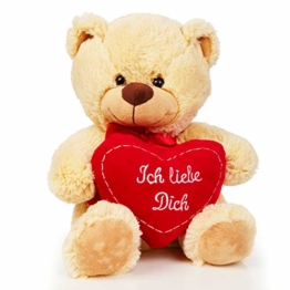 Lumaland Teddybär mit Herz in Beige 30 cm - Ich Liebe Dich Teddy - kuschelig - Plüsch Kuschelbär Kuscheltier Herzkissen - ideal für Freund und Freundin - Geschenk zum Valentinstag - 1